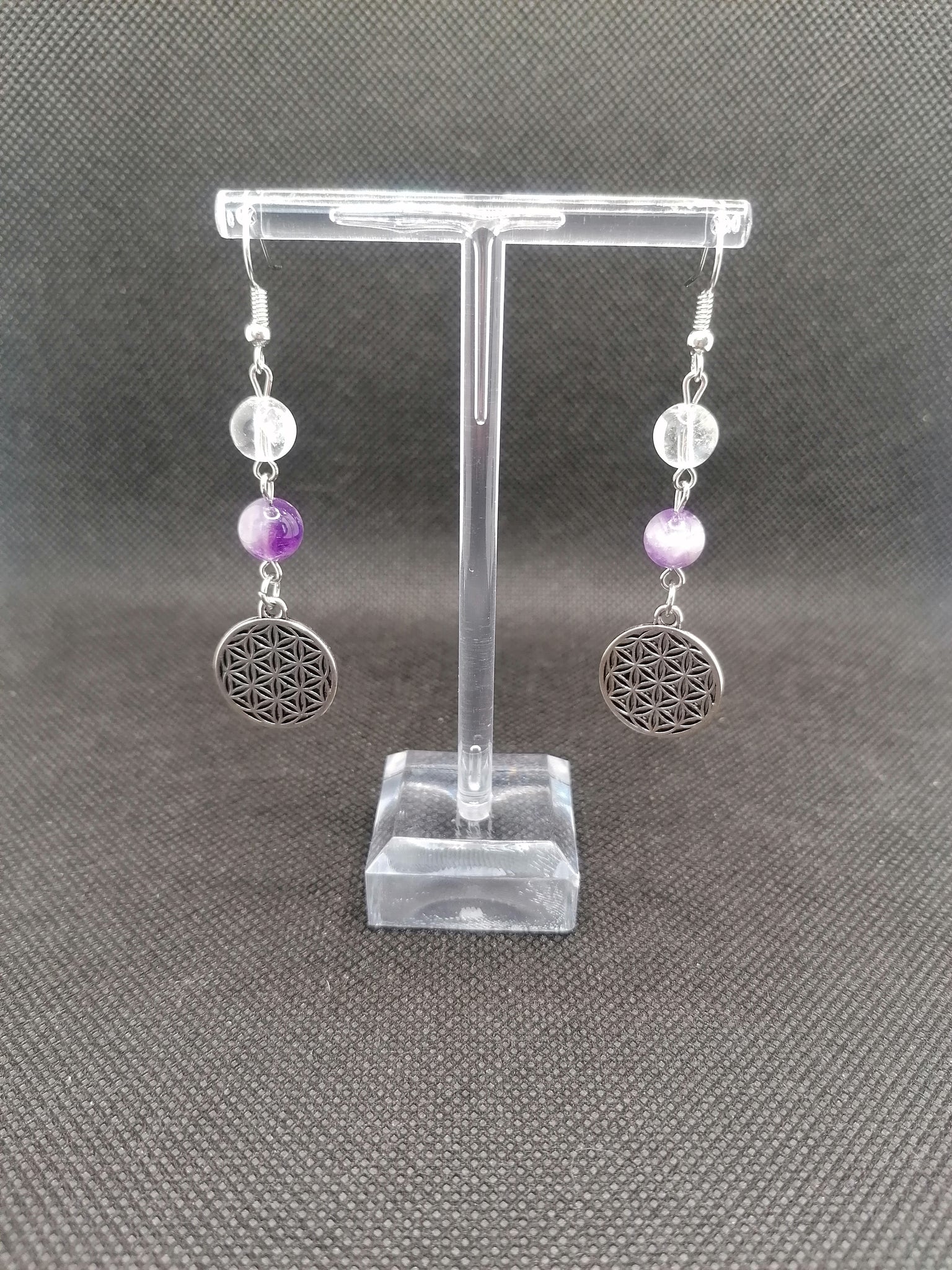 Cristal de Roche / Améthyste / Fleur de Vie - Boucles d'Oreilles