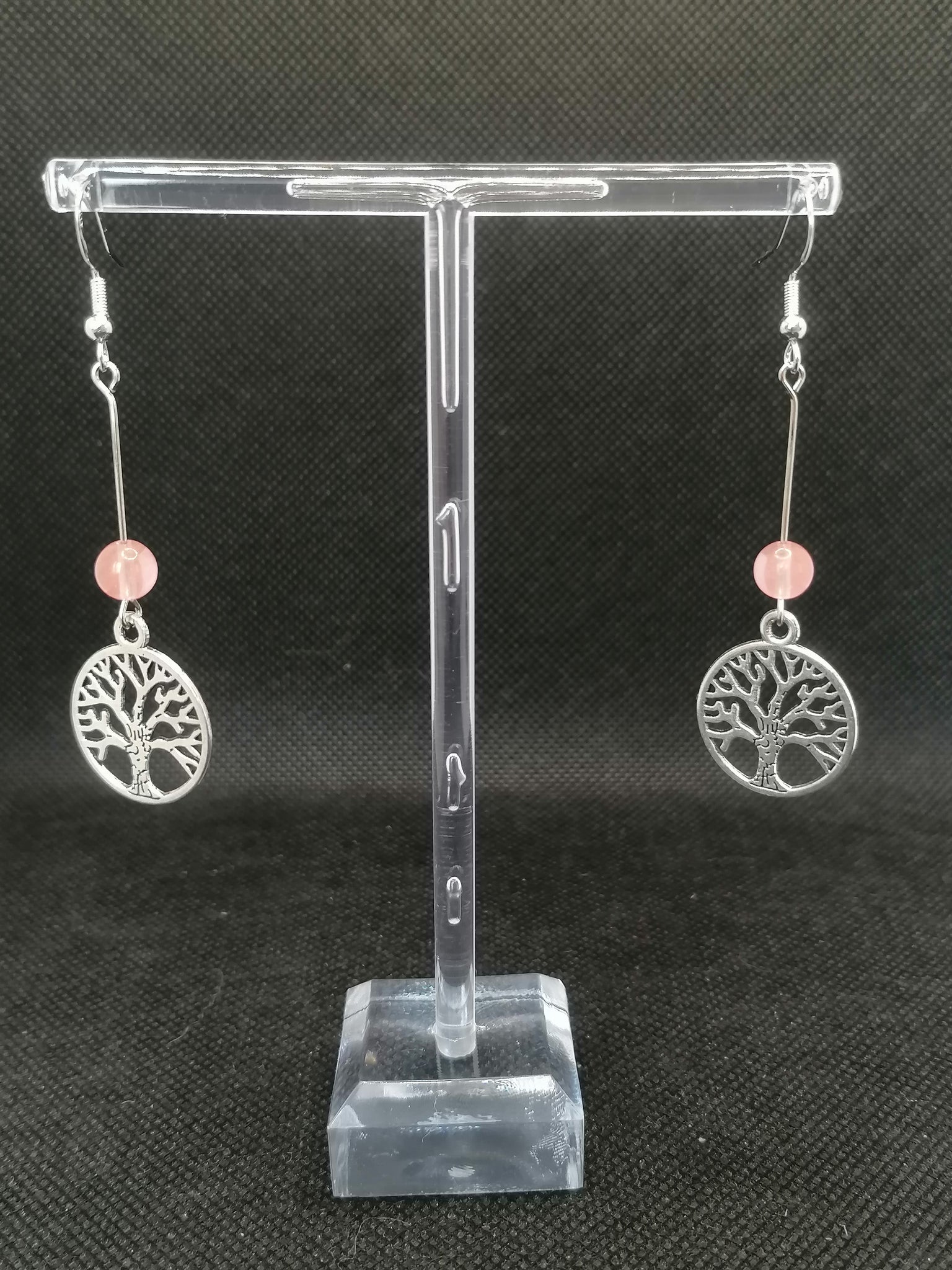 Boucles d'Oreilles - Quartz Rose / Arbre de Vie