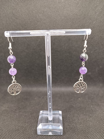 Améthyste / Fluorite / Arbre de Vie - Boucles d'Oreilles